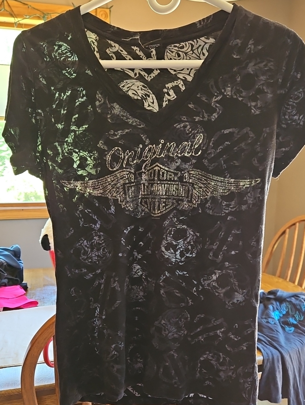 Harley Davidson Skull Burnout, Black Graphic V-Neck Tee with Metallic Script